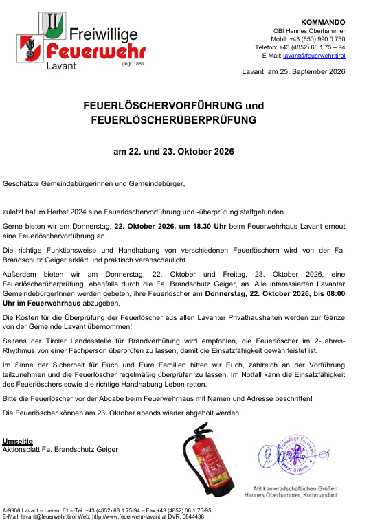 Feuerlöscherüberprüfung und Feuerlöschervorführung